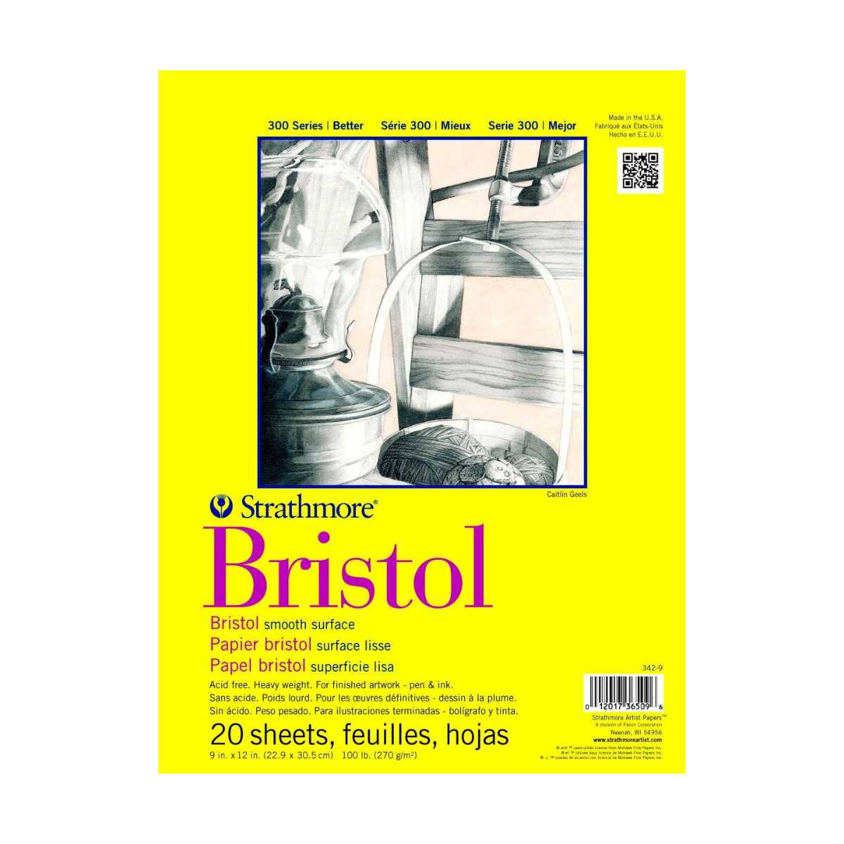 Strathmore 300 Series Bristol Paper Pad, Smooth, Tape Bound, 9x12 inches, 20 Sheets (100lb/270g)