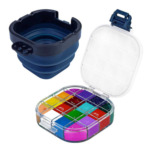 Airtight Watercolor Palette Box (16-Well) with Lid & Collapsible Brush Basin - Portable Paint Saver for Acrylic, Gouache, Oil - Travel Art Supplies (Blue)